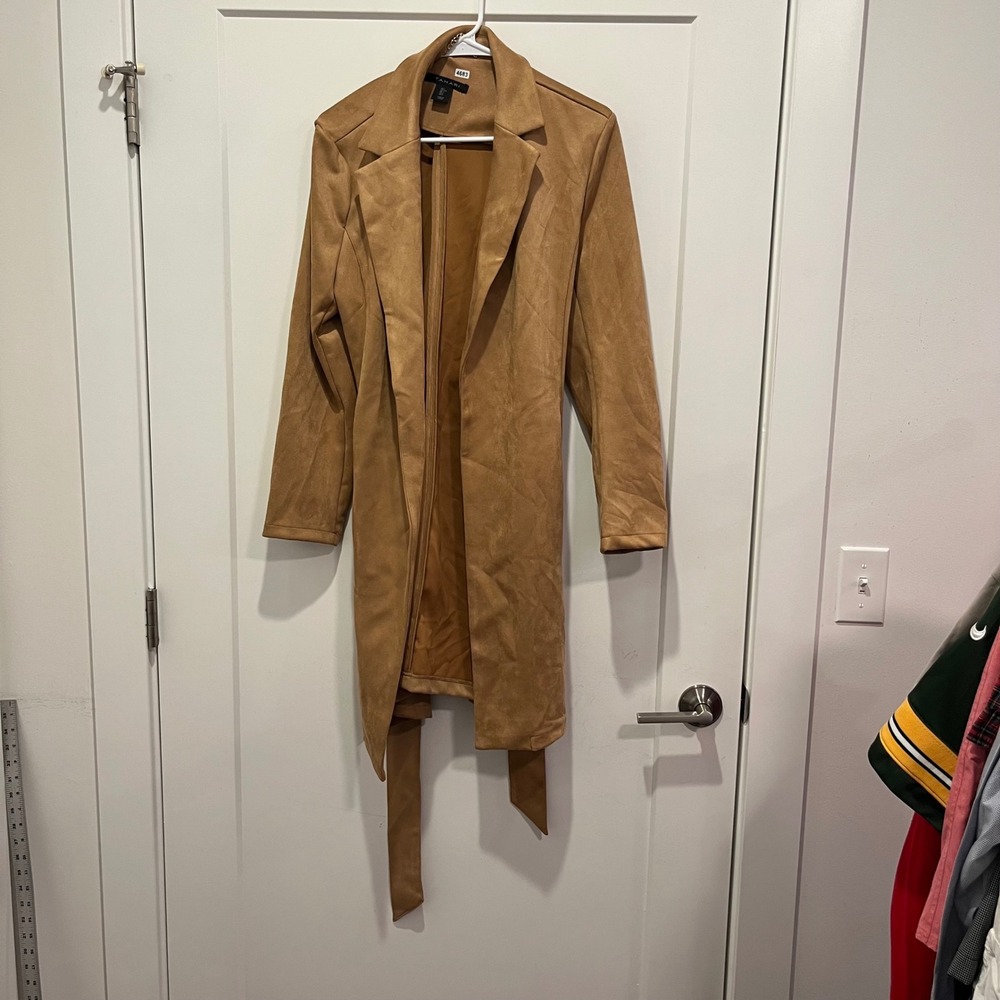 Tahari Womens Faux Suede Belted Trench Coat Camel Tan Open Front Duster Large